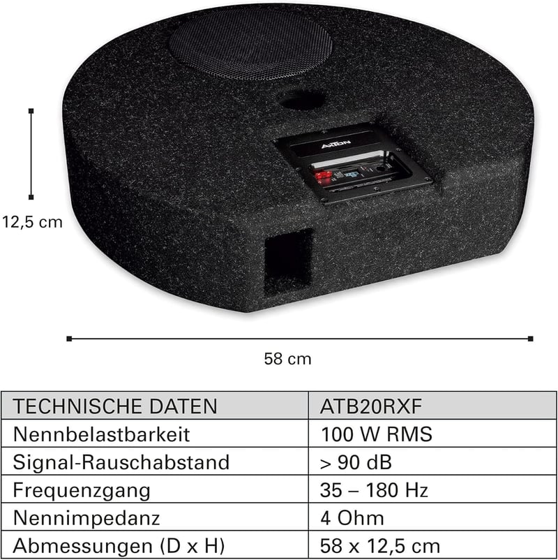 AXTON ATB20RXF Aktív Szubwoofer Autóhoz 20cm Mély Basszus 120W Kompakt