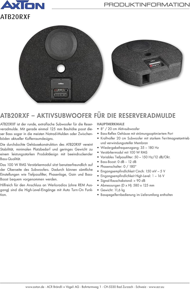 AXTON ATB20RXF Aktív Szubwoofer Autóhoz 20cm Mély Basszus 120W Kompakt