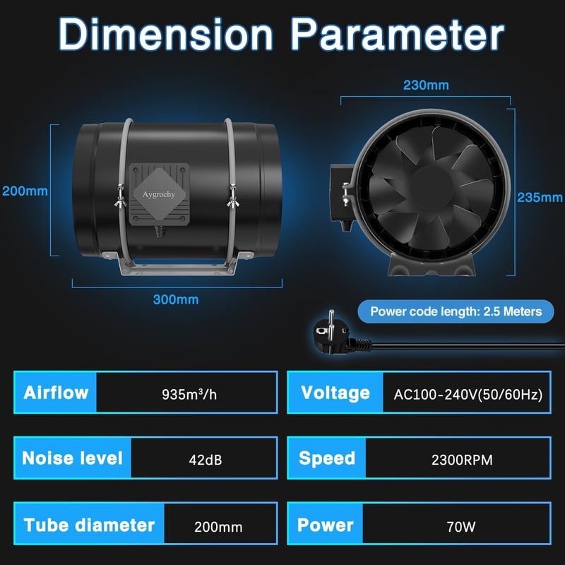 Aygrochy 200mm Intelligens Szellőztető Ventilátor Hőmérséklet és Páratartalom Szabályozással