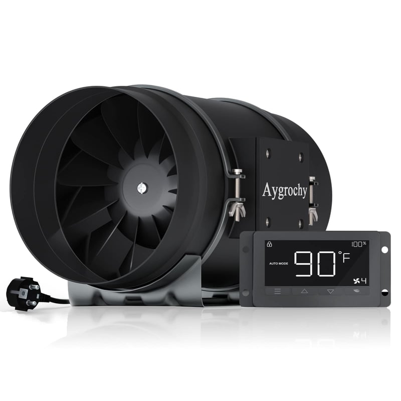 Potrubný ventilátor Aygrochy EUT200-MI s regulátorom teploty a vlhkosti – 200 mm