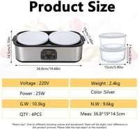 Ayolofei elektromos joghurtkészítő, 2 L, állítható hőmérséklet és időzítő, LED kijelző, 2 üveg edénnyel 2