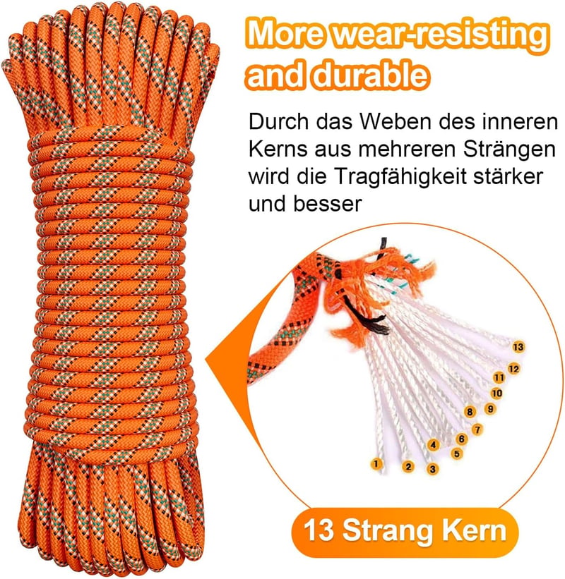Aystkniet 8mm Fonott Nylon Kötél Acél Karabinerrel Kempinghez Túrázáshoz 10-70m