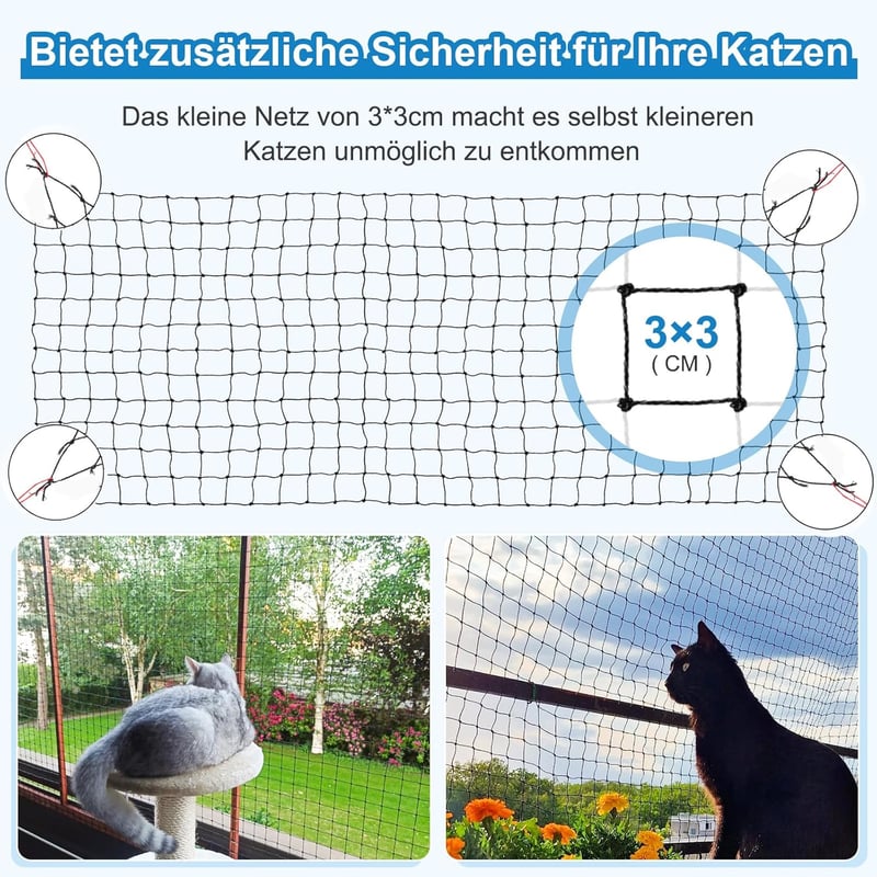 Aystkniet Macskavédő Háló Erkélyre 8x3m - Fekete Dróterősített Védőháló 25m Rögzítőkötéllel - Ablakra, Teraszajtóra, Kültéri-Beltéri Használ
