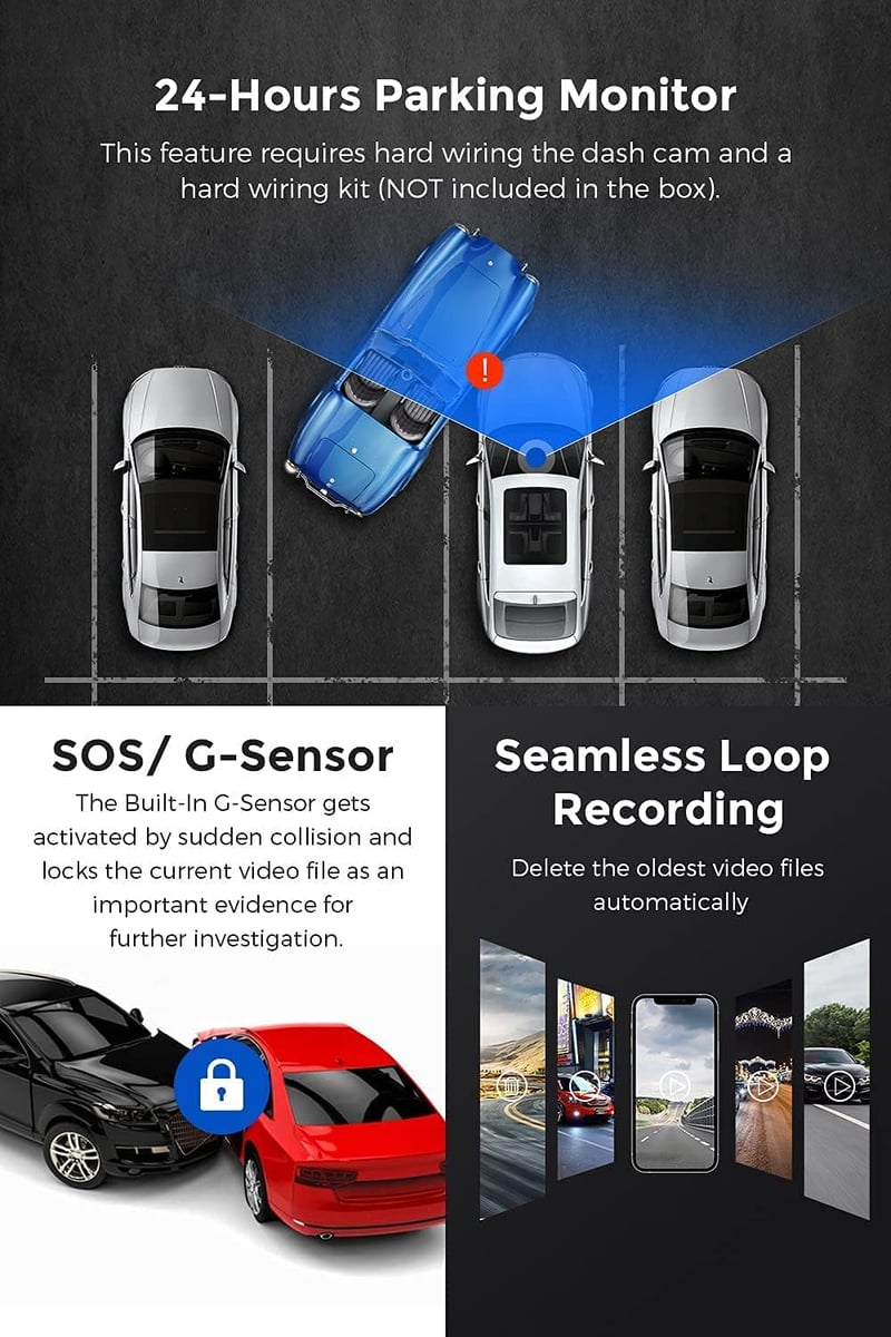 AZDOME Autós Kamera Elöl Hátul 4K 1080P WiFi GPS 170° Széles Látószög Éjjellátó WDR Parkolás Figyelő Menetrögzítő Kamera