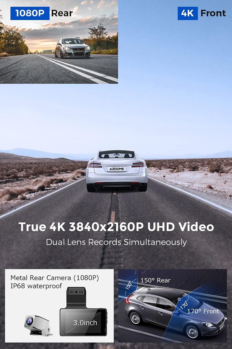 AZDOME Autós Kamera Elöl Hátul 4K 1080P WiFi GPS 170° Széles Látószög Éjjellátó WDR Parkolás Figyelő Menetrögzítő Kamera