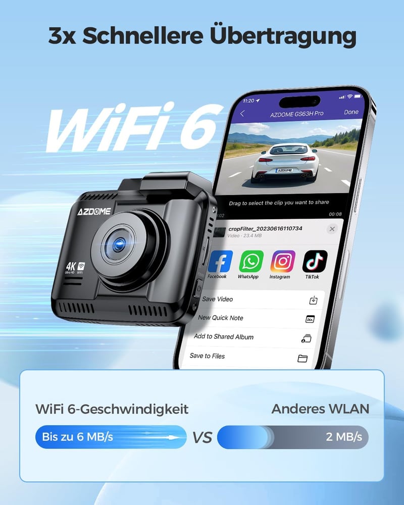 AZDOME GS63H Pro 4K/2.5K Autós Menetrögzítő Kamera GPS-szel és WiFi-vel, Első-Hátsó Kamerával, 64GB SD Kártyával, Éjjellátó Funkcióval, 170°