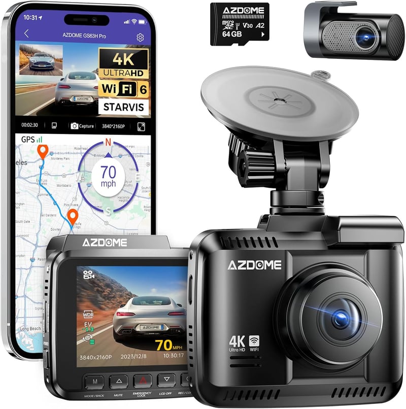 AZDOME GS63H Pro 4K/2.5K Autós Menetrögzítő Kamera GPS-szel és WiFi-vel, Első-Hátsó Kamerával, 64GB SD Kártyával, Éjjellátó Funkcióval, 170°