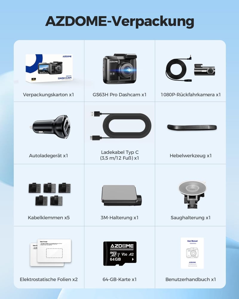 AZDOME GS63H Pro 4K/2.5K Autós Menetrögzítő Kamera GPS-szel és WiFi-vel, Első-Hátsó Kamerával, 64GB SD Kártyával, Éjjellátó Funkcióval, 170°