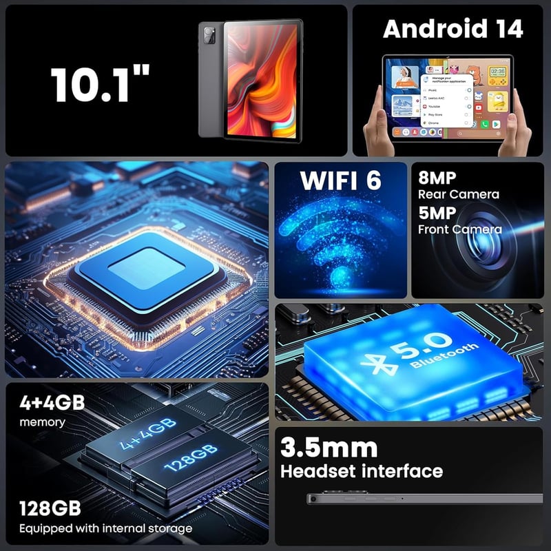 Azeyou Android 14 Tablet 10 hüvelykes, 8GB RAM + 128GB tárhely, Octa-Core processzor, WiFi 6 kapcsolat, 6000mAh akkumulátor, ezüst