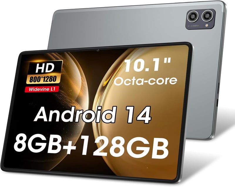 Azeyou Android 14 Tablet 10 hüvelykes, 8GB RAM + 128GB tárhely, Octa-Core processzor, WiFi 6 kapcsolat, 6000mAh akkumulátor, ezüst