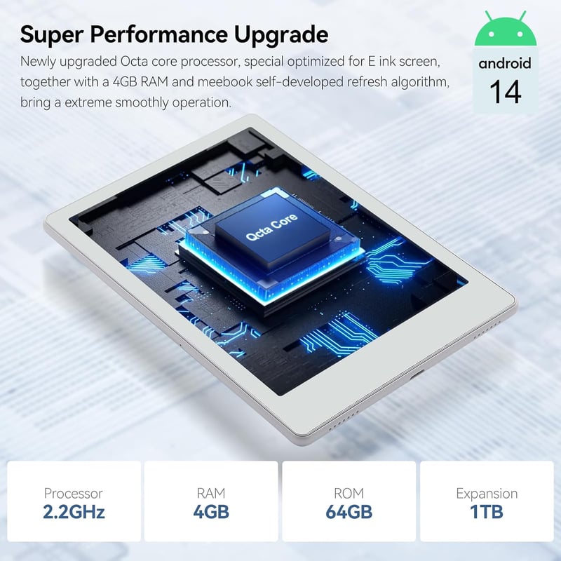 AZMXDVP Meebook M8 e-olvasó 7.8 inch Carta, 300PPI okos világítás, Android 14, kézírás, 4GB 64GB microSD, fehér