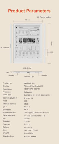 AZMXDVP Meebook M8 e-olvasó 7.8 inch Carta, 300PPI okos világítás, Android 14, kézírás, 4GB 64GB microSD, fehér 9