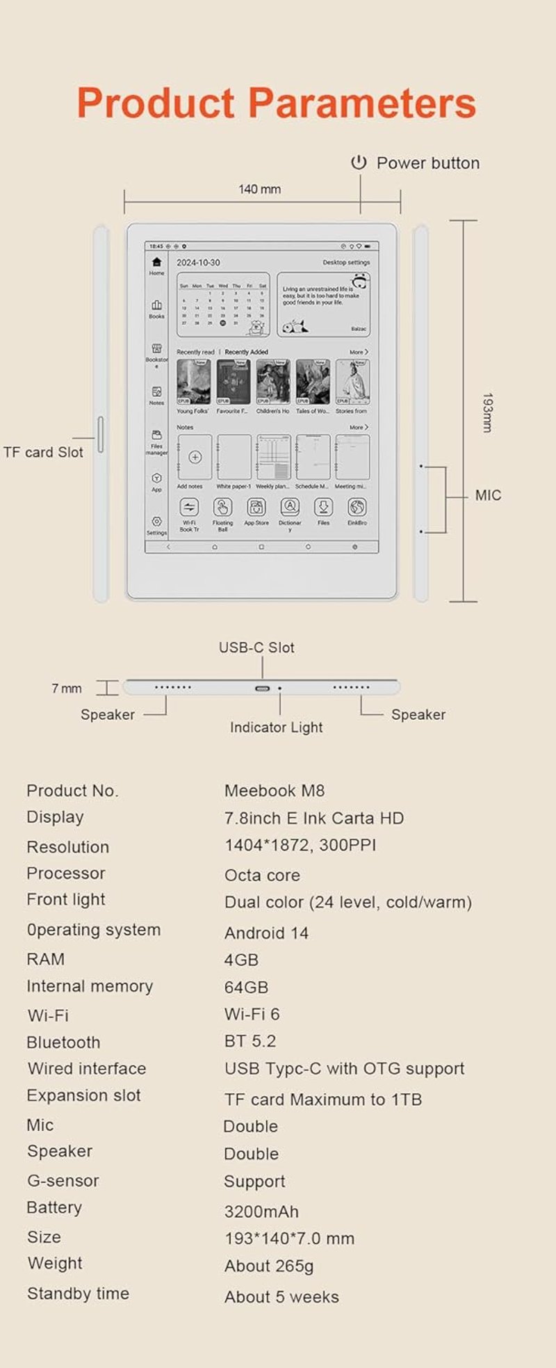 AZMXDVP Meebook M8 e-olvasó 7.8 inch Carta, 300PPI okos világítás, Android 14, kézírás, 4GB 64GB microSD, fehér