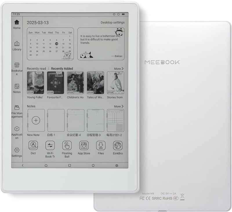 AZMXDVP Meebook M8 e-olvasó 7.8 inch Carta, 300PPI okos világítás, Android 14, kézírás, 4GB 64GB microSD, fehér