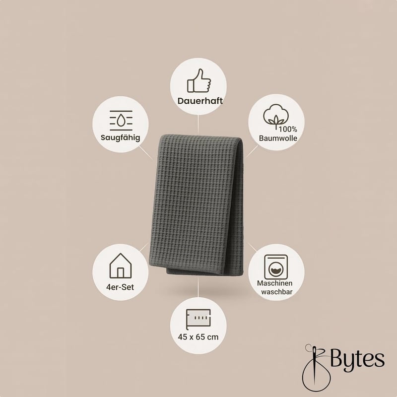 B-Bytes pamut konyhai törlőkendő szett 4 db, 45x65 cm, gofri mintás, antracit - Minimalist