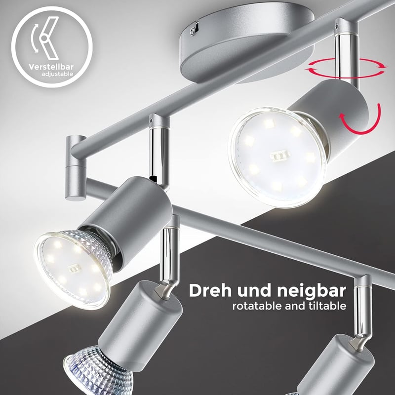 B.K.Licht LED mennyezeti lámpa forgatható meleg fény 6x3W GU10 ezüst titán - 6 focos, Titanium - Bar