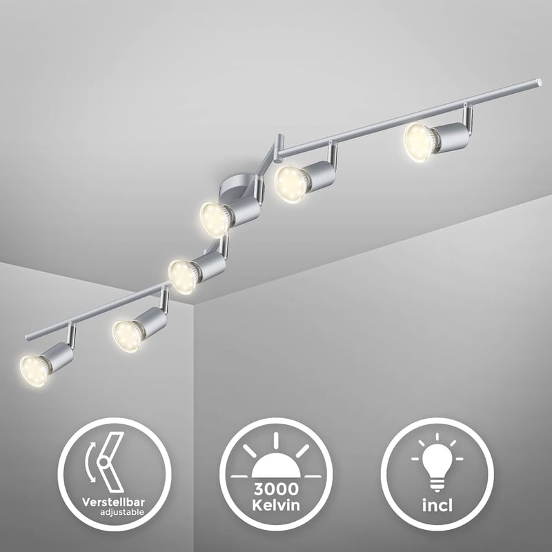 B.K.Licht LED mennyezeti lámpa forgatható meleg fény 6x3W GU10 ezüst titán - 6 focos, Titanium - Bar