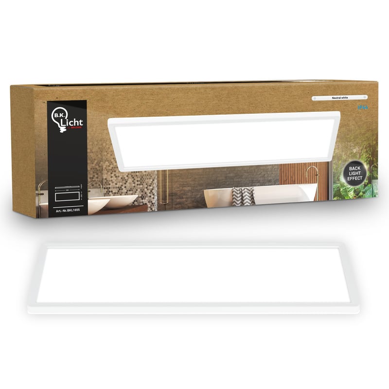 B.K.Licht LED stropné svietidlo s nepriamym svetlom, plochý panel, neutrálna biela, IP44, do kúpeľne, 58 x 20 x 3 cm
