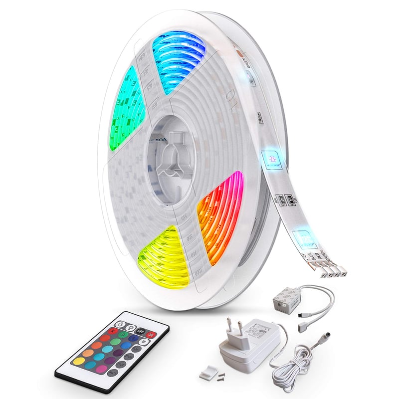 Banda LED B.K.Licht 10m cu telecomandă, culori RGB, reglabilă, bandă luminoasă autoadezivă pentru decorarea camerei și gaming, 1000x1x0,25 cm, alb