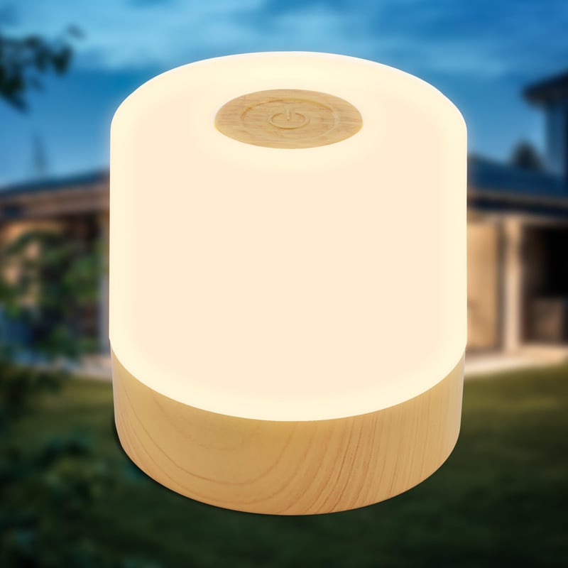 Lampă de masă LED mini B.K.Licht, fără fir, IP44, funcție tactilă, reglabilă treptat, cu acumulator, USB-C, lampă de veghe, pentru exterior/camera copiilor, aspect de lemn, 7x7 cm