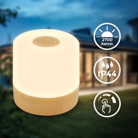 Lampă de masă LED mini B.K.Licht, fără fir, IP44, funcție tactilă, reglabilă treptat, cu acumulator, USB-C, lampă de veghe, pentru exterior/camera copiilor, aspect de lemn, 7x7 cm 5