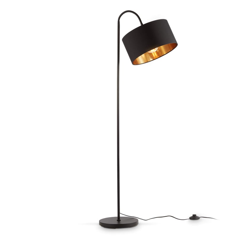 Lampadar vintage B.K.Licht cu întrerupător de picior, abajur textil negru-auriu, pivotant, E27, 25x145 cm, lampă de citit în stil industrial pentru living