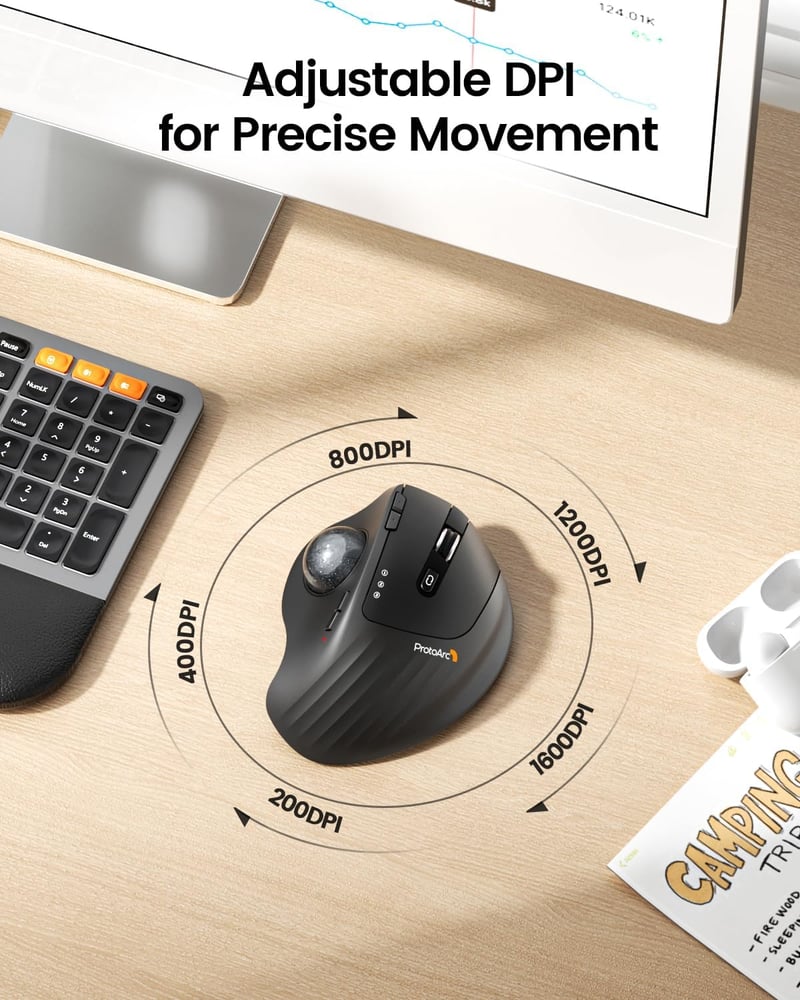 ProtoArc EM01 NL Trackball Egér - Állítható Szögű, Hüvelykujj Vezérlésű, Vezeték Nélküli, 3 Csatlakozási Mód, 5 DPI Szint, Újratölthető, Fek