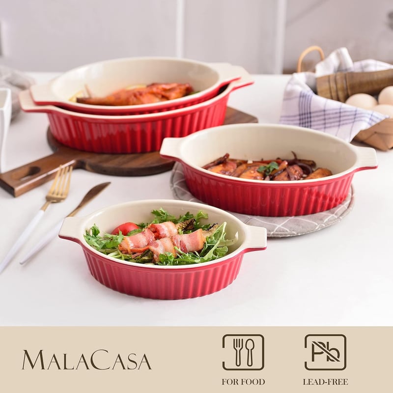 MALACASA 4 részes piros kerámia sütőforma szett lasagne és tiramisu készítéséhez