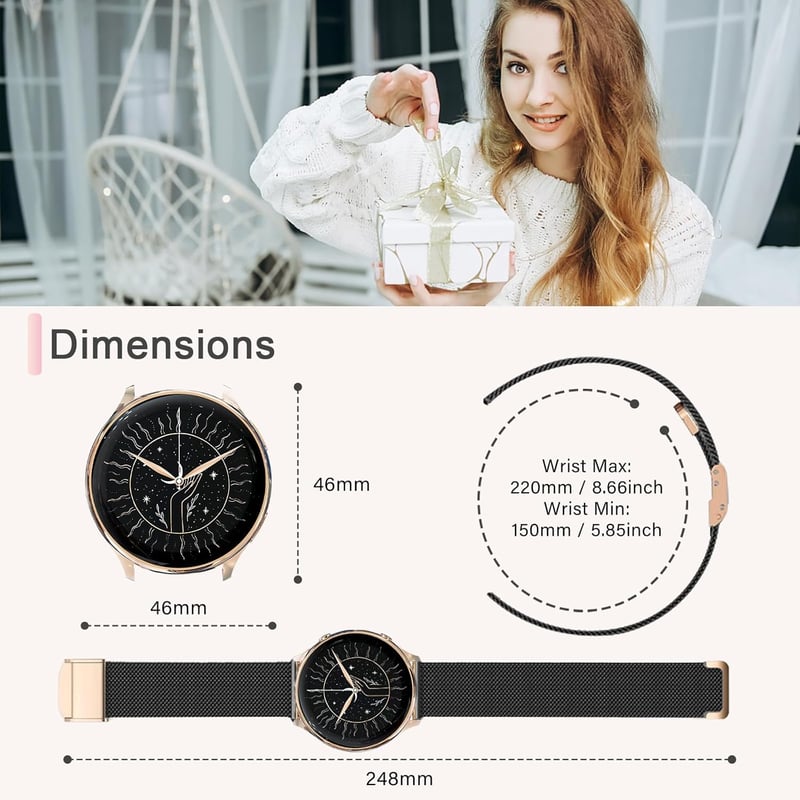 fitonyo Okosóra Nőknek - 1,32" AMOLED Kijelző, Híváskezelés, 120 Sportmód, Egészségfigyelés, Android/iOS, Fekete