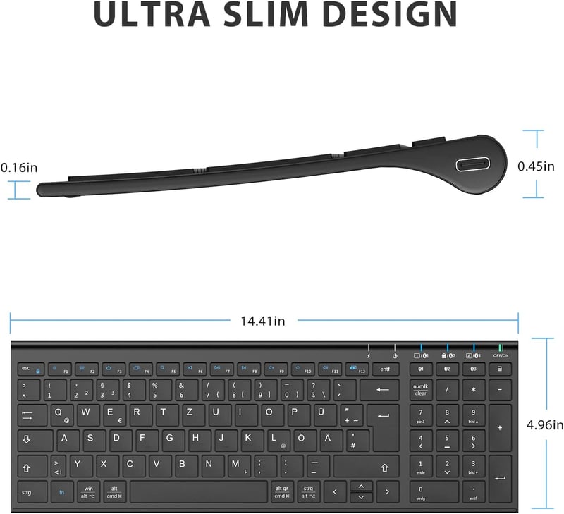 iClever BK10 Bluetooth Billentyűzet, Újratölthető Vezeték Nélküli Billentyűzet 3 Bluetooth Csatornával, Ultravékony Ergonomikus Kialakítás i - black
