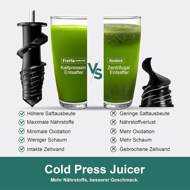 Fretta Slow Juicer Gyümölcs- és Zöldségprés 200W - Széles 76mm Adagolónyílás, Hidegprés Technológia, Könnyen Tisztítható Fekete Gyümölcsfacs - Black