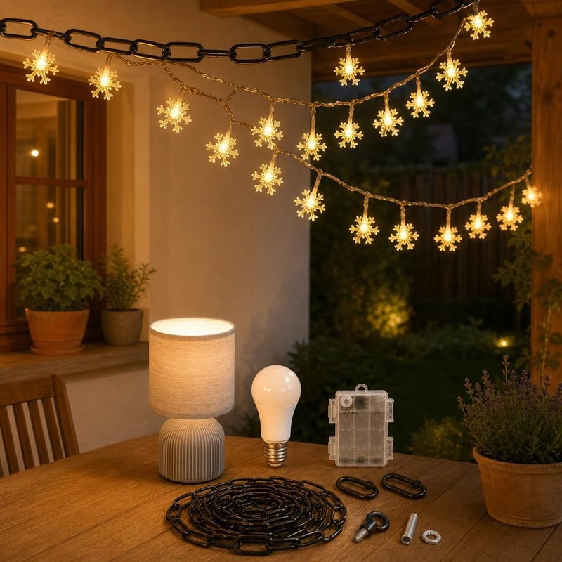 Večernja čarolija: lanac za vješanje + svjetleće pahulje + stolna lampa + topla LED žarulja