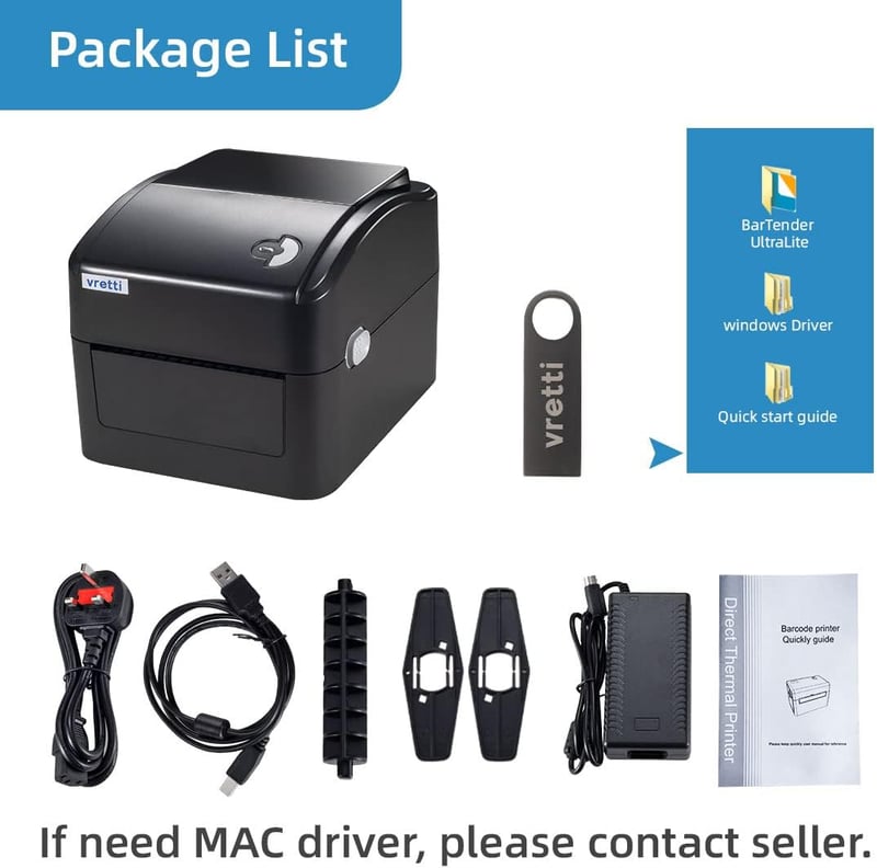 vretti USB Címkenyomtató XXL Papírtálcával - DHL Szállítási Címkékhez, Windows/Mac/ChromeOS/Linux Kompatibilis, 99,99% Vonalkód Olvasási Ará - black, USB