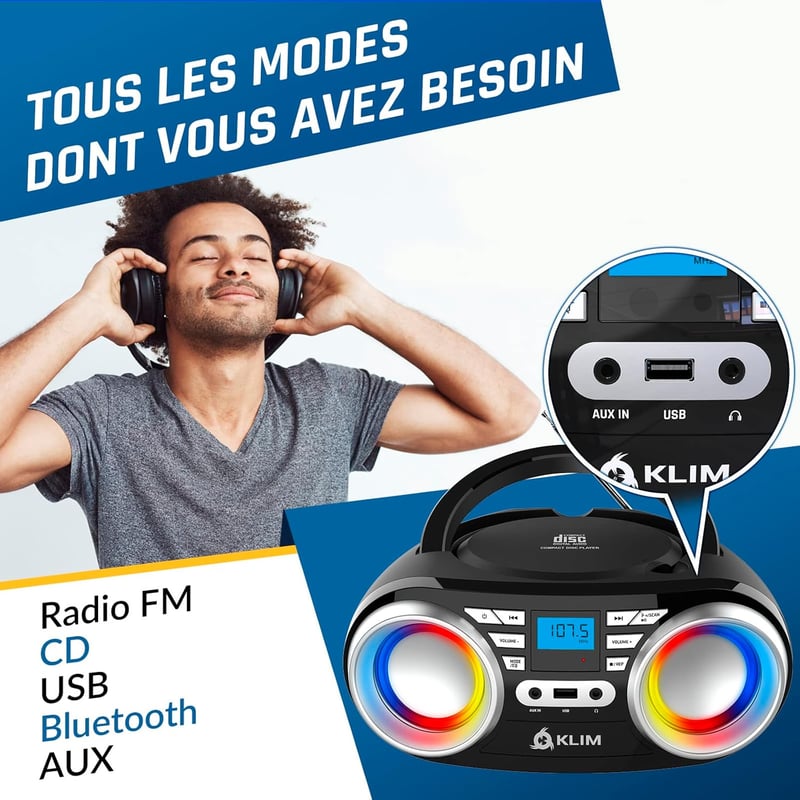 KLIM Boombox B3 Hordozható CD Lejátszó FM Rádióval - Bluetooth, USB, AUX Csatlakozás, RGB LED Világítás, Újratölthető Akkumulátor, Digitális