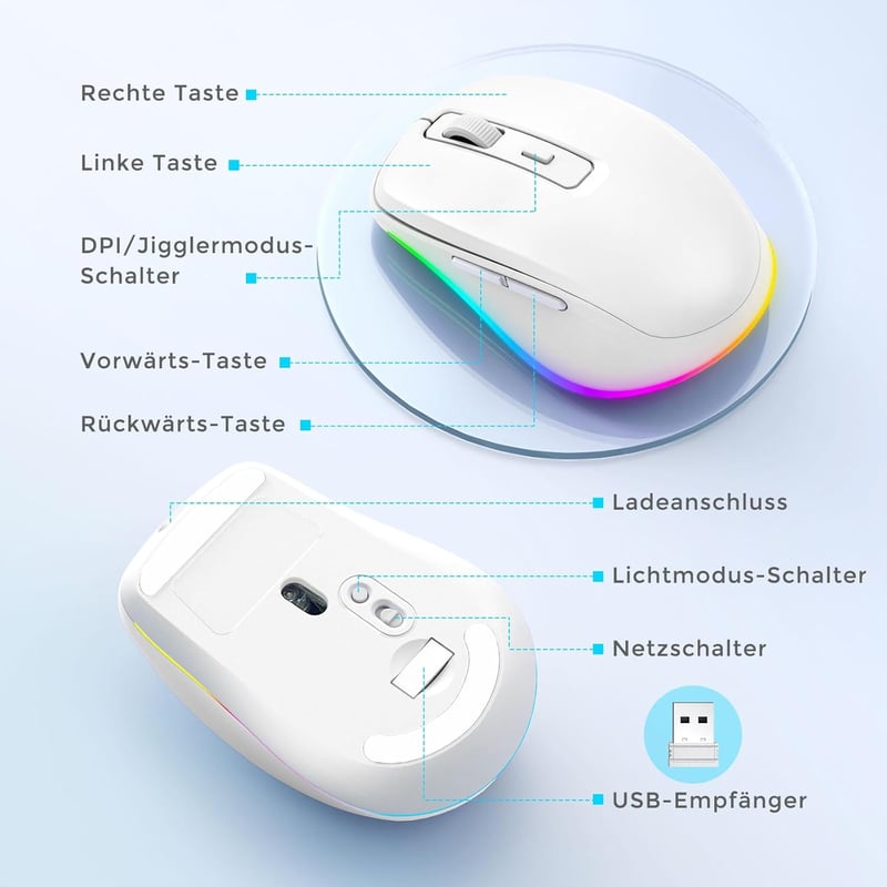 seenda Vezeték Nélküli Egér LED Világítással - Újratölthető, Csendes 2.4G USB Egér Mouse Jiggler Funkcióval, 2000 DPI - PC, Laptop, Windows,