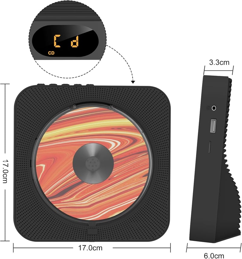 Liphier KC-718 Hordozható CD Lejátszó HiFi Hangszórókkal, Bluetooth 5.1, LED Kijelző, Távirányító, Porvédő Borítás, Fekete