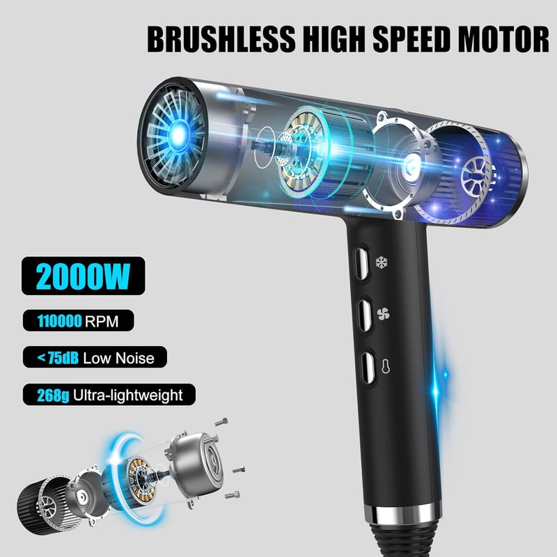 slopehill Hajszárító Kefe Nélküli Motorral - 2000W, Intelligens Hőszabályozás, Ionos Technológia, LED Kijelző, 268g Szuperkönnyű, Fekete