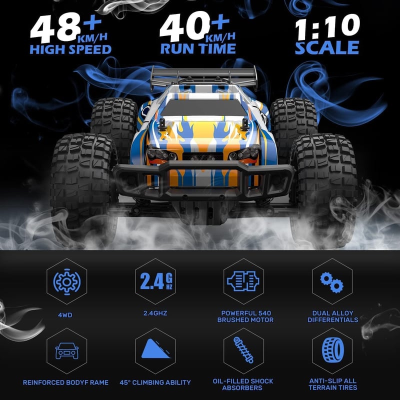 DEERC 9205E RC Autó 1:10 Távirányítós Terepjáró 48 km/h Sebességű 4WD Monster Truck Buggy 2 Akkumulátorral, 100m Hatótávolsággal