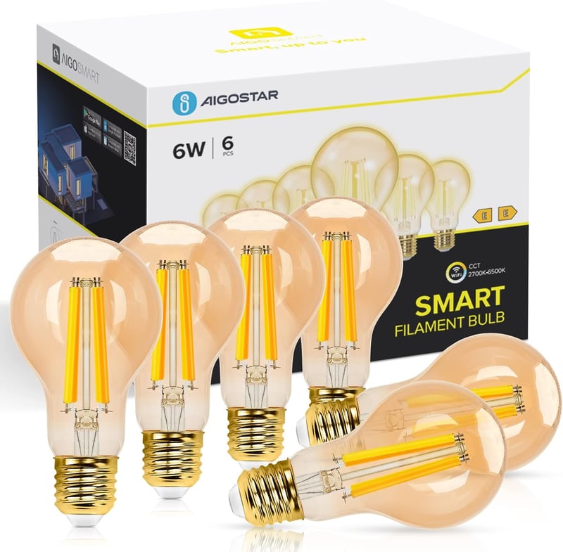 Aigostar Edison okos LED izzó, E27, 6W, vintage filament, Alexa/Google kompatibilis, borostyán, 6 db