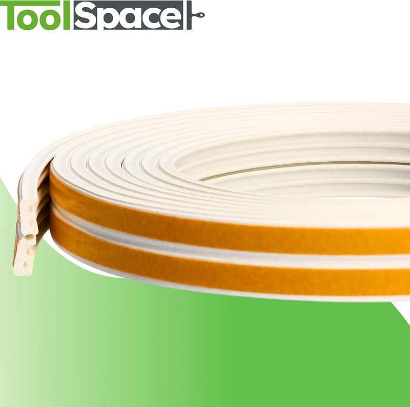 ToolSpace Öntapadós Ajtó- és Ablakszigetelő Szalag, 6m, E-Profil, Fehér, Gumi Tömítés, Por- és Rovarvédelem, Energiatakarékos, Bel- és Külté