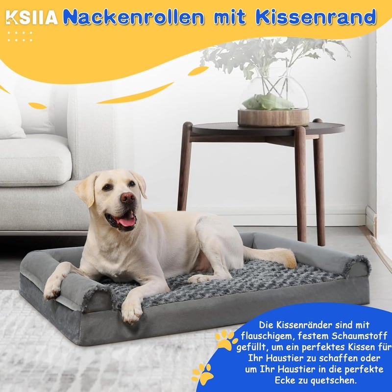KSIIA Ortopédiai Kutyaágy Közepes Kutyáknak 91x68x16 cm - Mosható Huzatú Kutyakanapé Három Megemelt Széllel, Csúszásgátló Aljjal, Szürke
