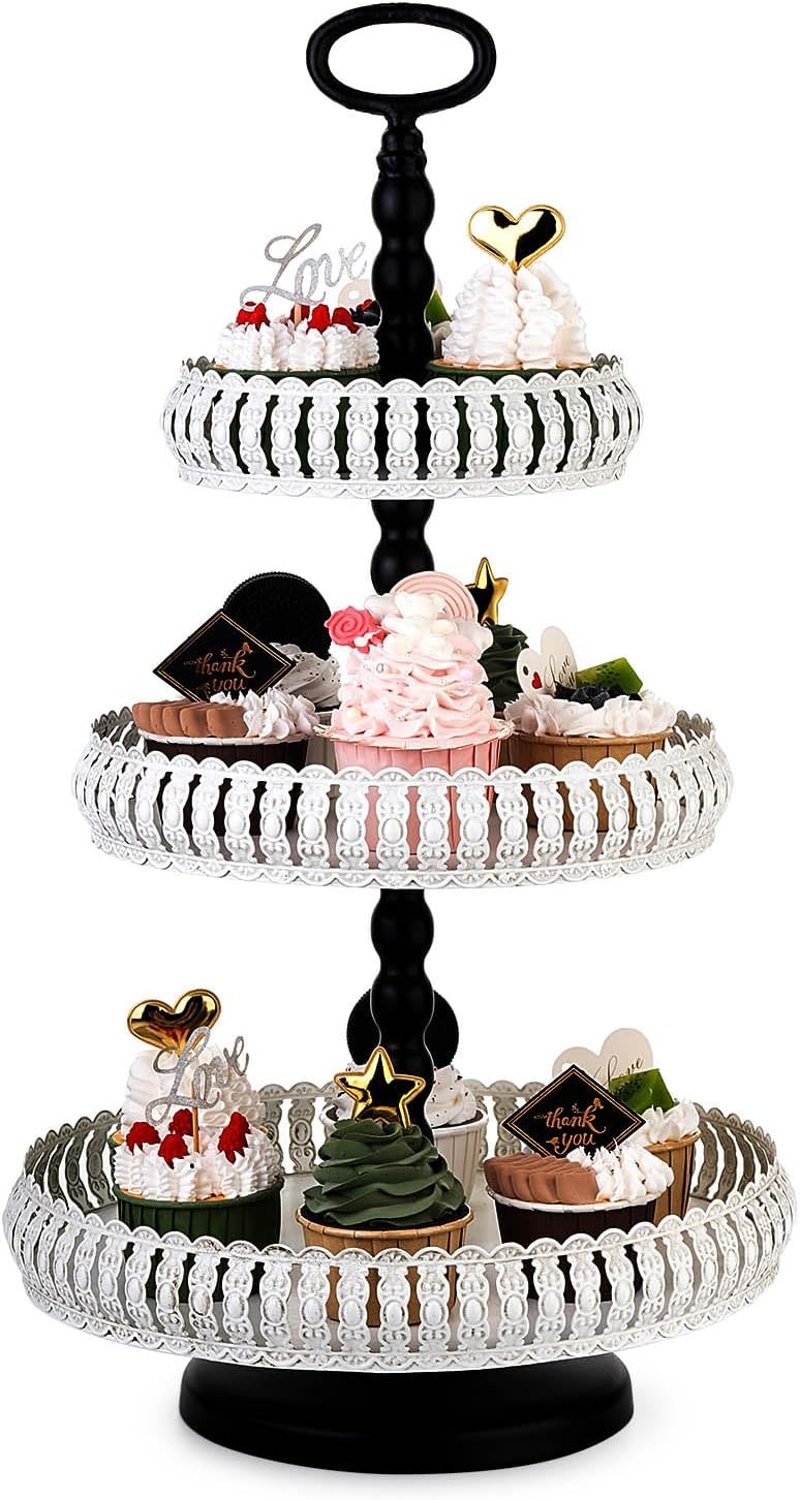 ZYOOO 3 Szintes Fehér Vintage Fém Tortatartó Állvány - Esküvői Rendezvény Desszert Kínáló - Elegáns Cupcake Tartó