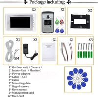Uoweky RFID videós kaputelefon rendszer, 7" TFT kijelzővel, 1 kamera, 2 monitor + 10 db kék kulcstartó 6