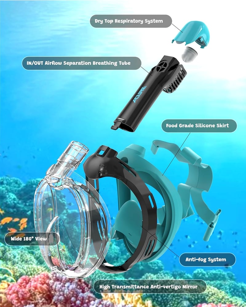 ACURE Búvármaszk Gyerekeknek 3-8 Éveseknek - CO2 Biztonságos, Páramentes, Teljes Arc Snorkel Maszk Úszástanuláshoz, Fekete-Zöld
