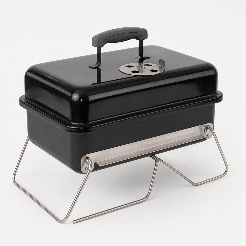 Weber Go-Anywhere hordozható faszenes grillsütő összecsukható lábakkal, porcelánzománcos tállal és légáramlás-szabályozással, fekete – használt