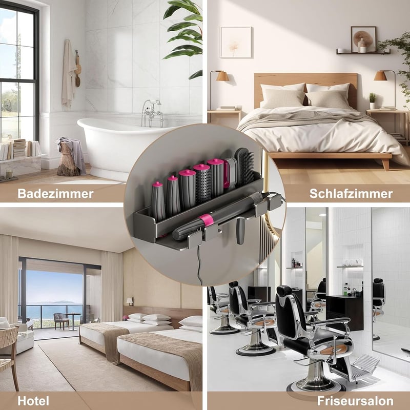 W&H Hajszárító Tartó Fali Fúrás Nélküli Rozsdamentes Acél Állvány Dyson Airwrap Styler Hajformázókhoz - Fekete