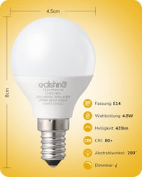 EDISHINE E14 LED Izzó, 6 db Meleg Fehér Fényerőszabályozható, 420LM, 4.8W (40W Helyett), 2700K, Energiatakarékos Csepp Alakú Lámpa Beltéri H 5