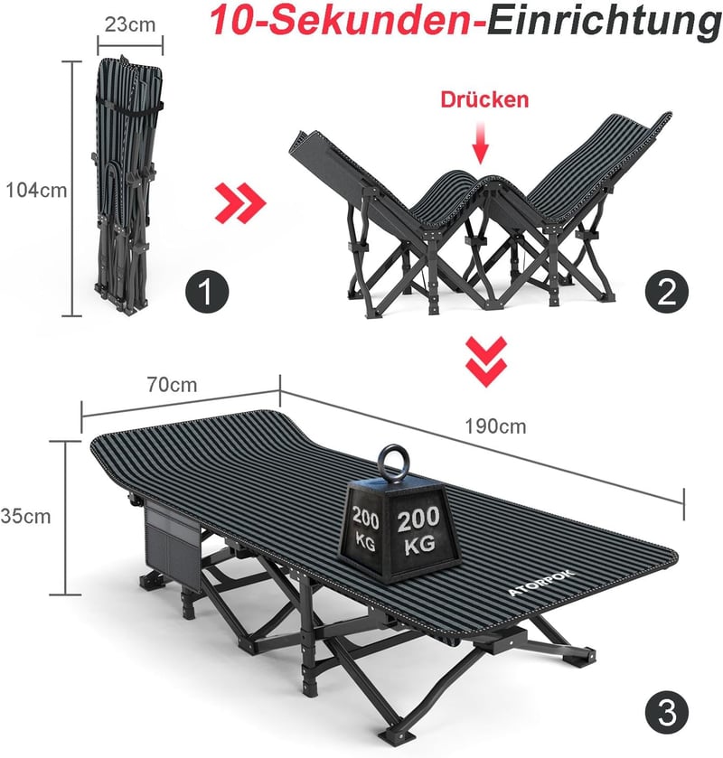 ATORPOK SHOP Összecsukható Kemping Ágy 200 kg Teherbírással - Hordozható Utazóágy Oldaltáskával, Fekete, Erős Acélváz, 190x70x35 cm
