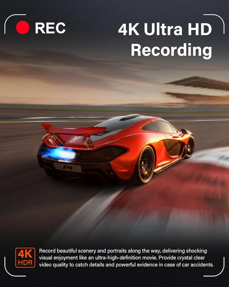 Jansite 4K Visszapillantó Tükör Menetrögzítő Kamera 64GB SD Kártyával, 10" IPS Érintőképernyővel, Első-Hátsó 170° Látószög, 10m Kábel, WDR