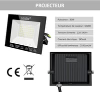 Extrastar LED Kültéri Reflektor 30W - IP65 Vízálló Biztonsági Világítás, 2550lm, 6500K Hideg Fehér, Kertbe, Teraszra (2 db) 2